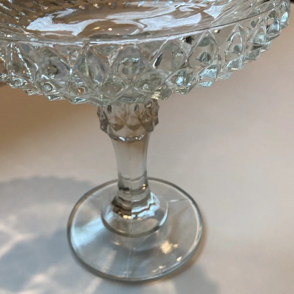 Vintage Diamond Cut Clear Pedestal Candy Dish Indiana Glass Co - Picture 8 of 14